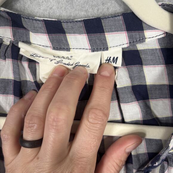 H&M Top 12 Navy‎ White Gingham Embroidered Puff Boho Cottage Maximalist Peasant - Picture 6 of 12